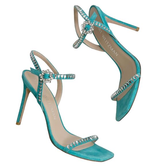 Stuart Weitzman Gemcut Sandals Women’s Size 9 Blue Suede Embellished Heels - Picture 4 of 14